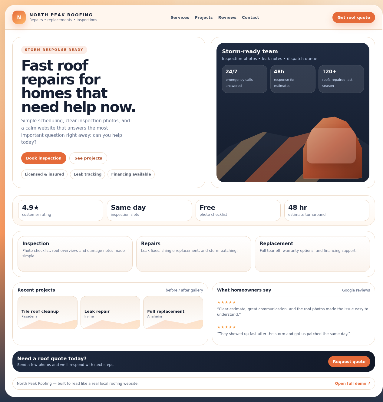 Screenshot preview of the roofing website demo